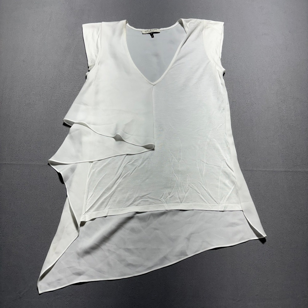 Halston Heritage White Asymmetric Ruffle V-Neck Sleeveless Top XS